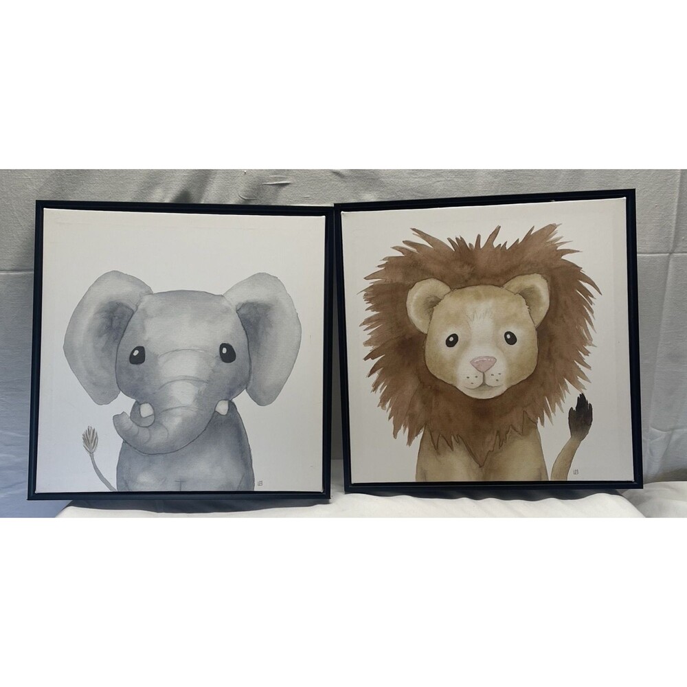 Set of 2 Framed Watercolor Baby Safari Animal Canvas Nursery Wall Art Decor 17"